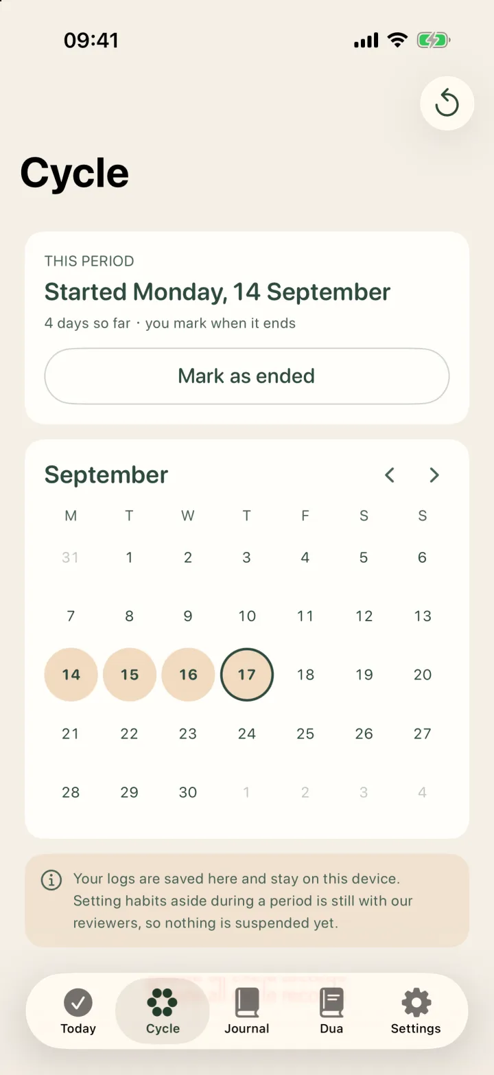 The Cycle calendar with a logged period