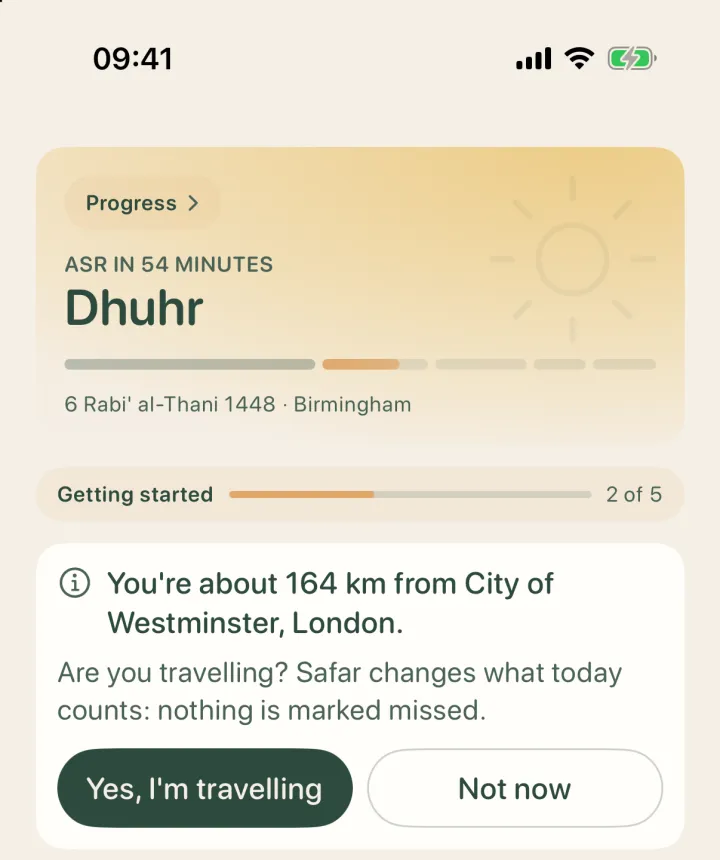 The Today screen asking whether you're travelling, 164 km from home