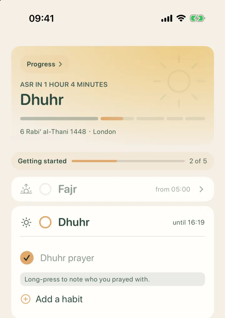 The Today screen with the Dhuhr prayer ticked