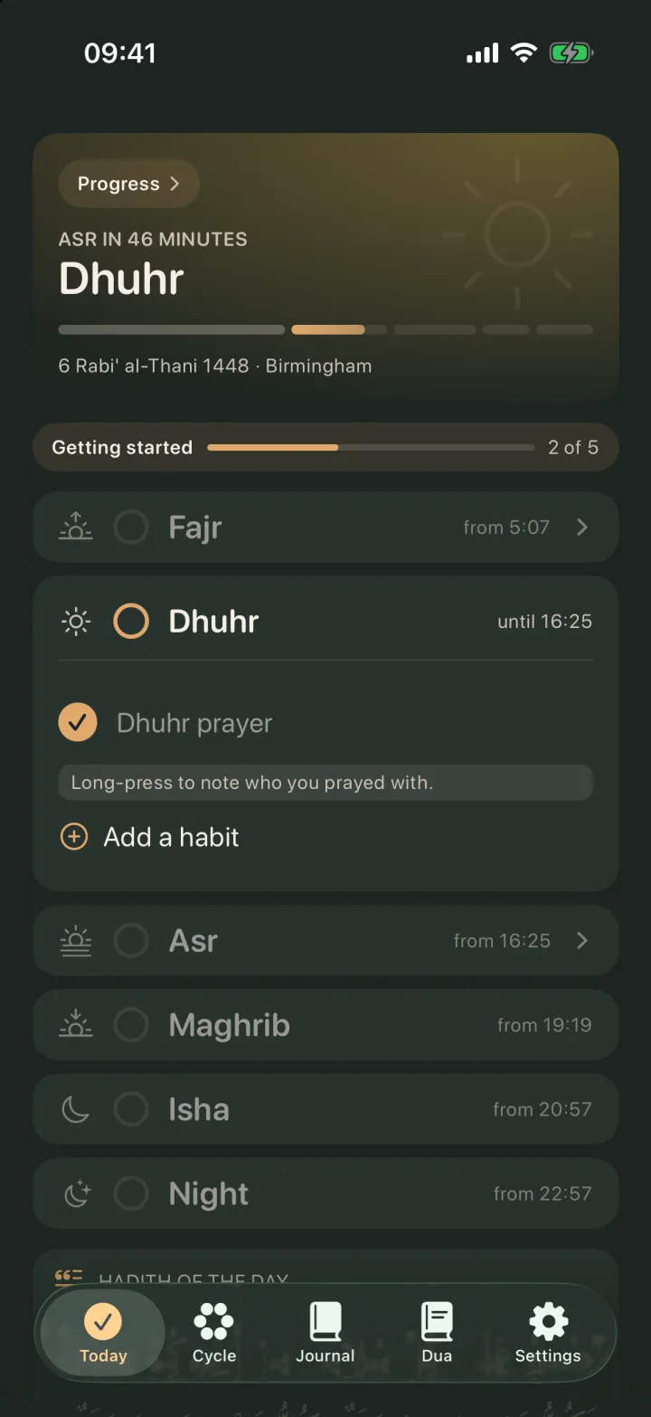 BarakaLine's Today screen with Dhuhr open and the Dhuhr prayer ticked