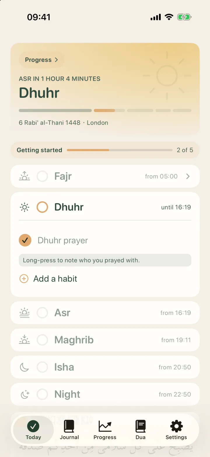 BarakaLine's Today screen with Dhuhr open and the Dhuhr prayer ticked